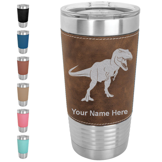 20oz Faux Leather Tumbler Mug, Tyrannosaurus Rex Dinosaur, Personalized Engraving Included