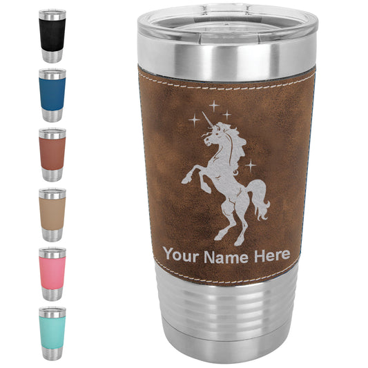 20oz Faux Leather Tumbler Mug, Unicorn, Personalized Engraving Included