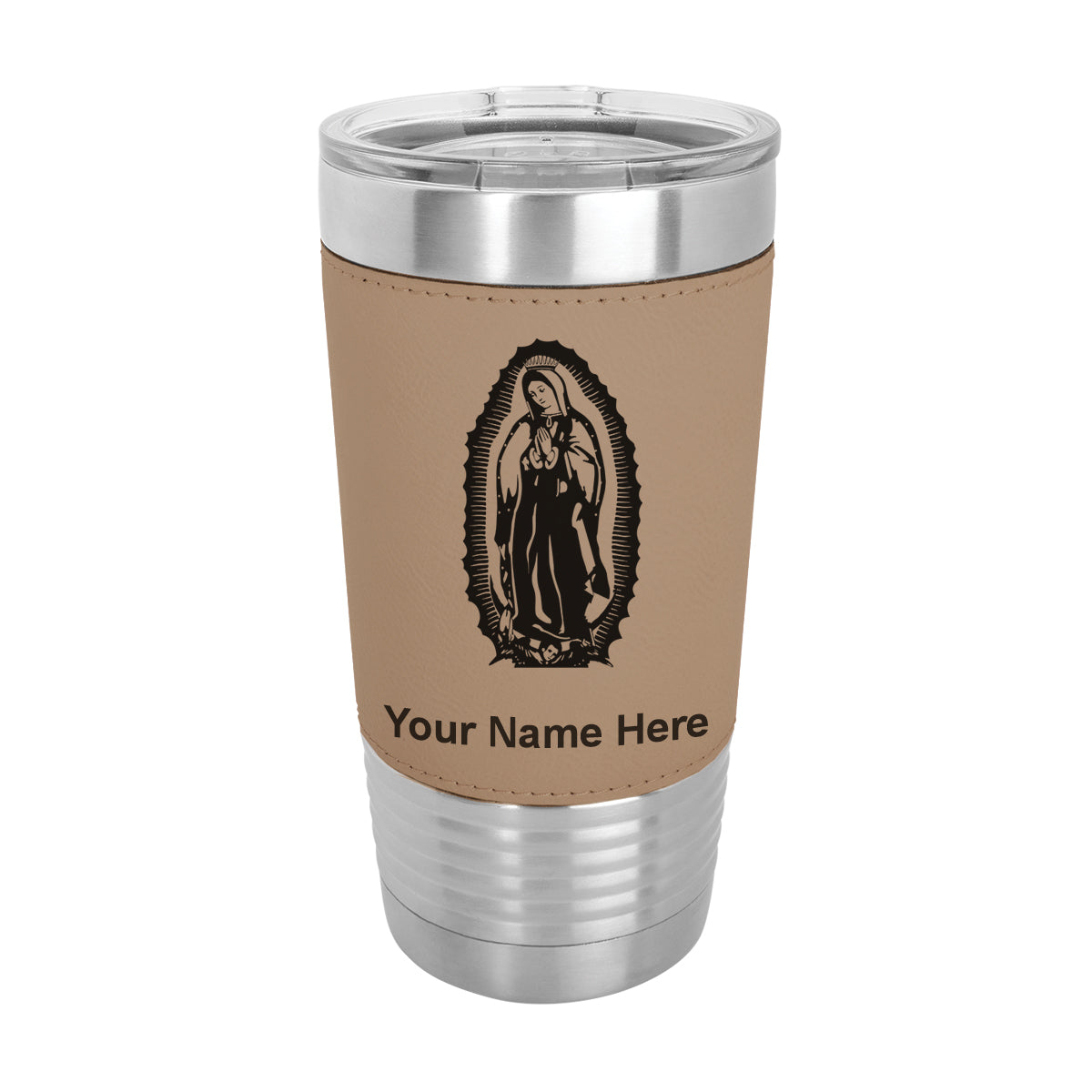 20oz Faux Leather Tumbler Mug, Virgen de Guadalupe, Personalized Engraving Included