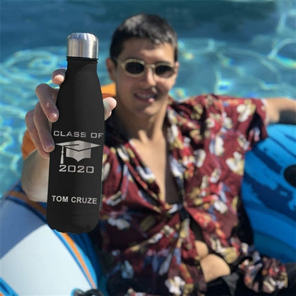 LaserGram Double Wall Water Bottle, Grad Cap Class of 2020, 2021, 2022, 2023, 2024, 2025, Personalized Engraving Included