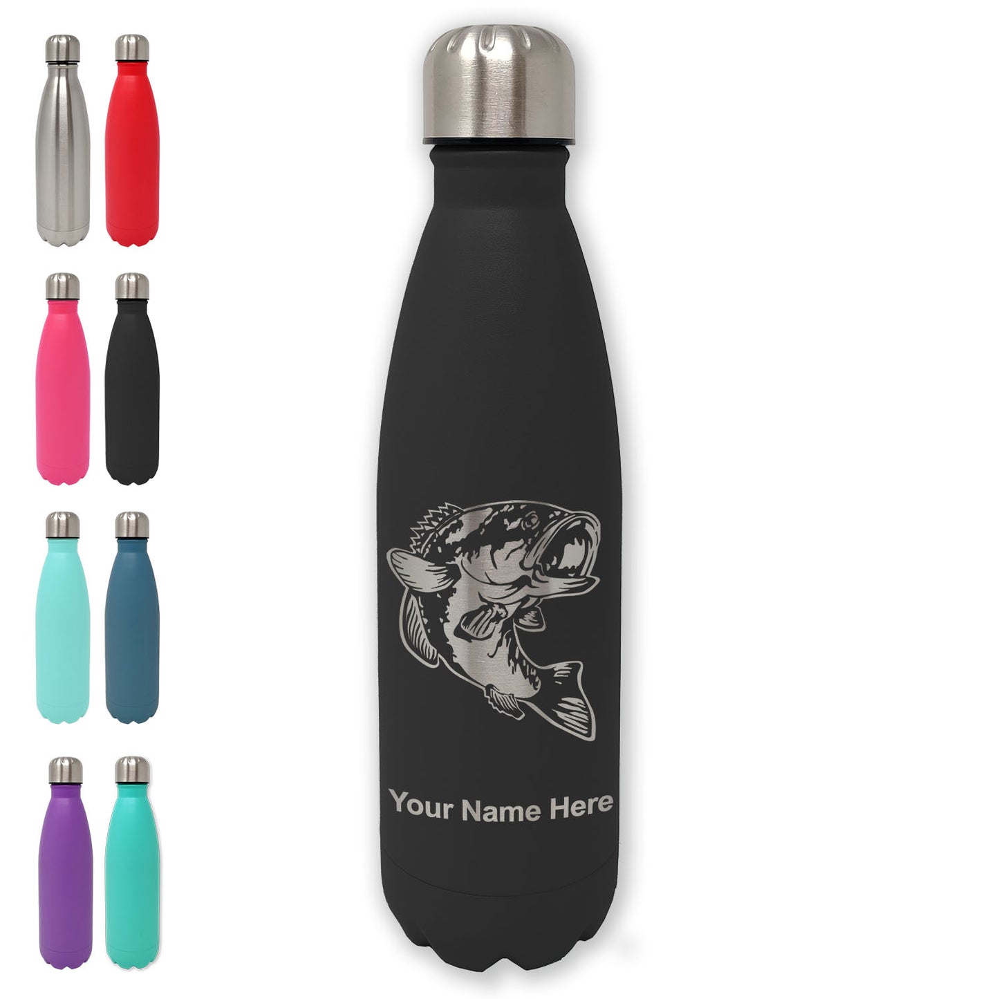LaserGram Double Wall Water Bottle, Bass Fish, Personalized Engraving Included