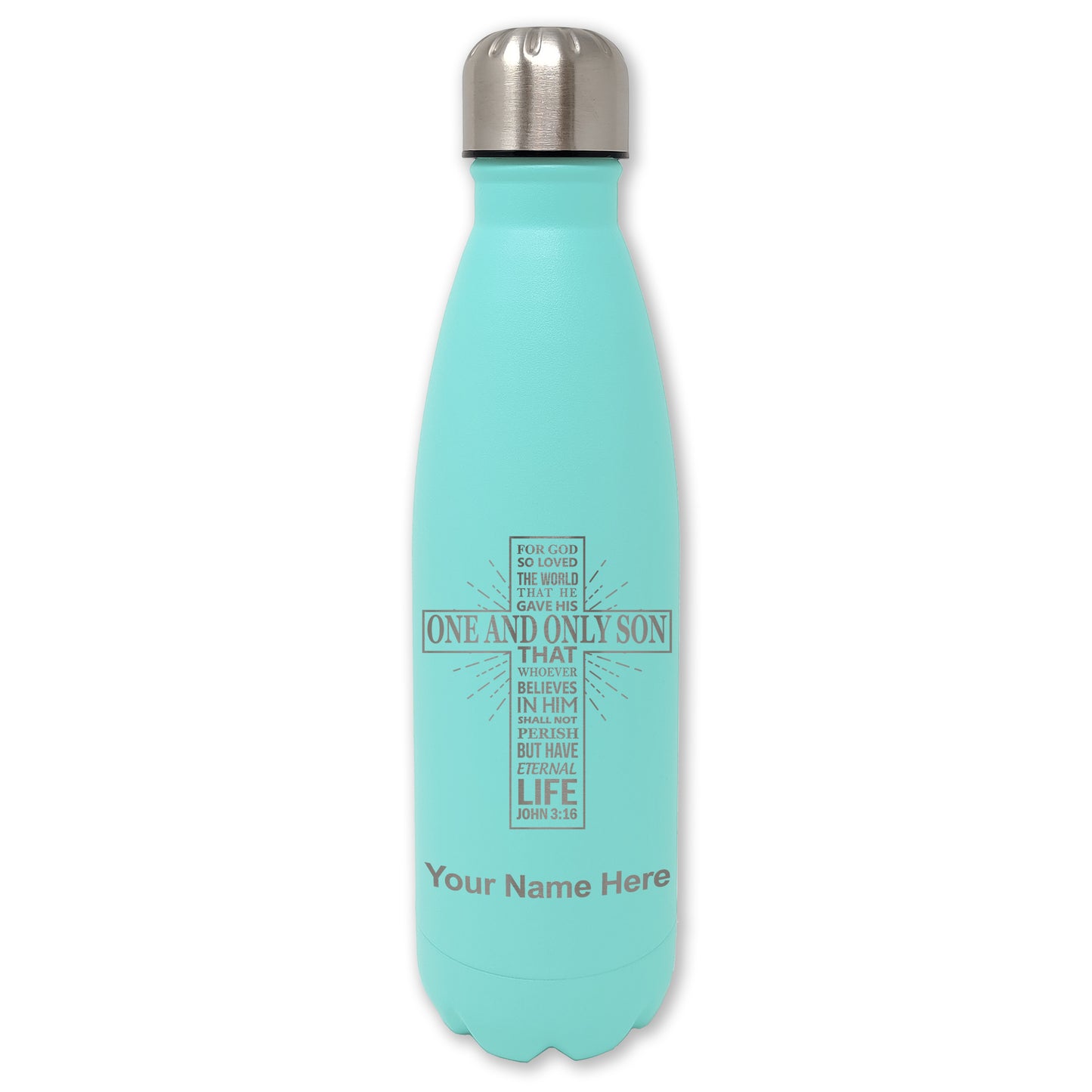 LaserGram Double Wall Water Bottle, Bible Verse John 3-16, Personalized Engraving Included