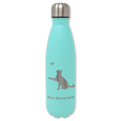LaserGram Double Wall Water Bottle, Cat with Butterfly, Personalized Engraving Included
