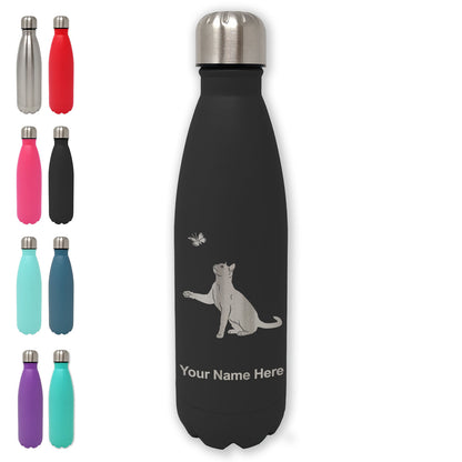 LaserGram Double Wall Water Bottle, Cat with Butterfly, Personalized Engraving Included