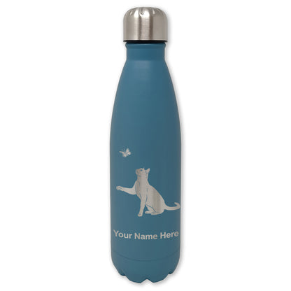 LaserGram Double Wall Water Bottle, Cat with Butterfly, Personalized Engraving Included