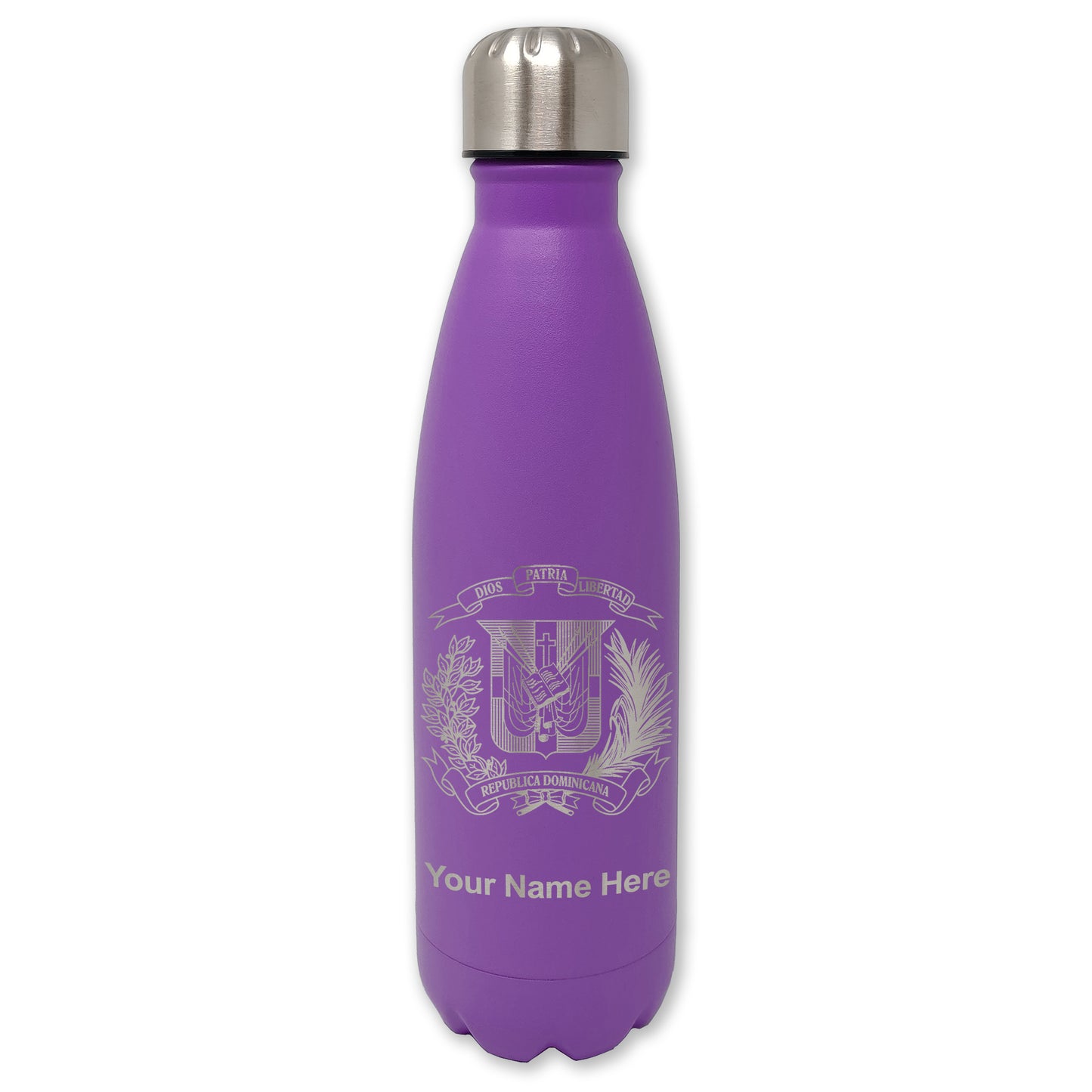 LaserGram Double Wall Water Bottle, Coat of Arms Dominican Republic, Personalized Engraving Included