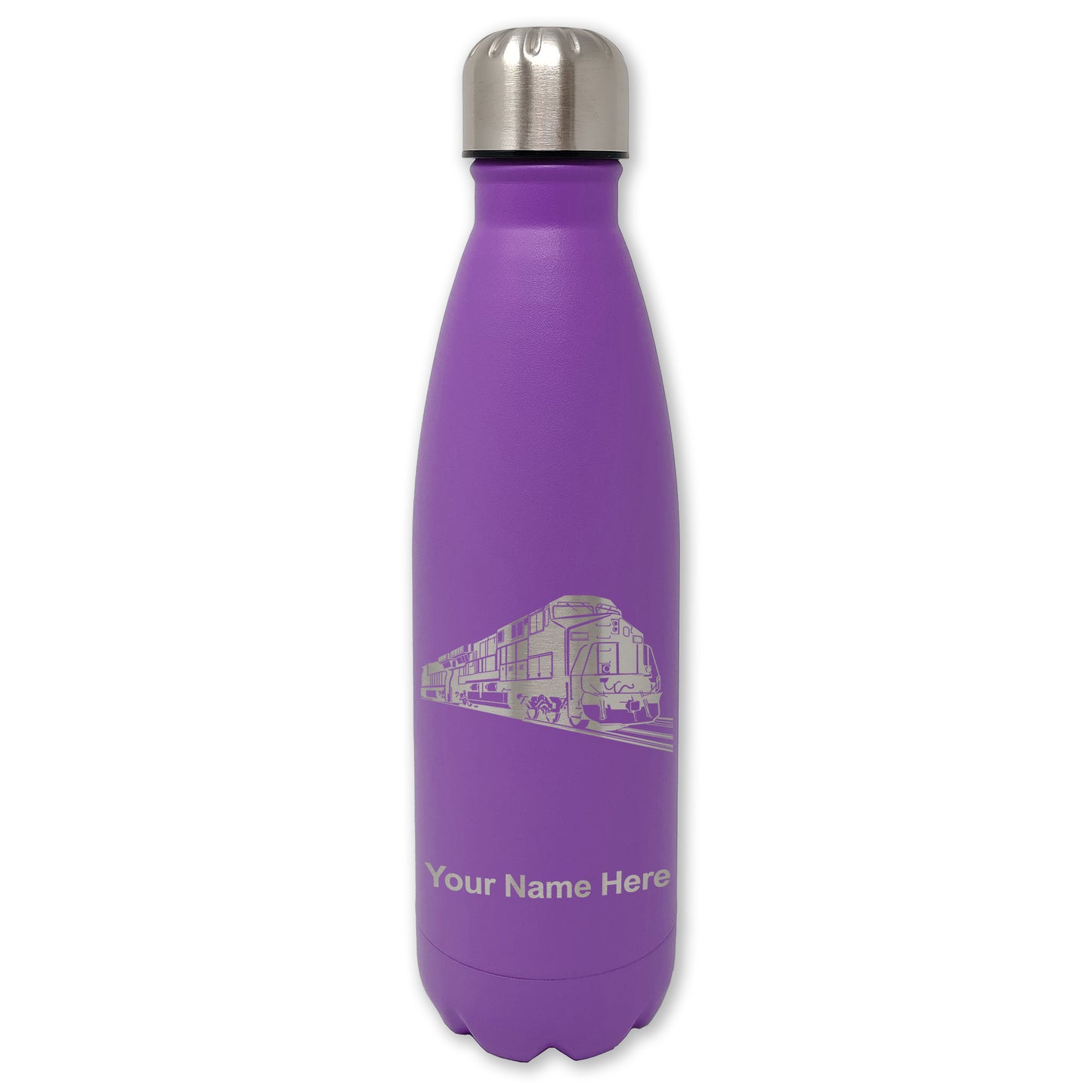 LaserGram Double Wall Water Bottle, Freight Train, Personalized Engraving Included