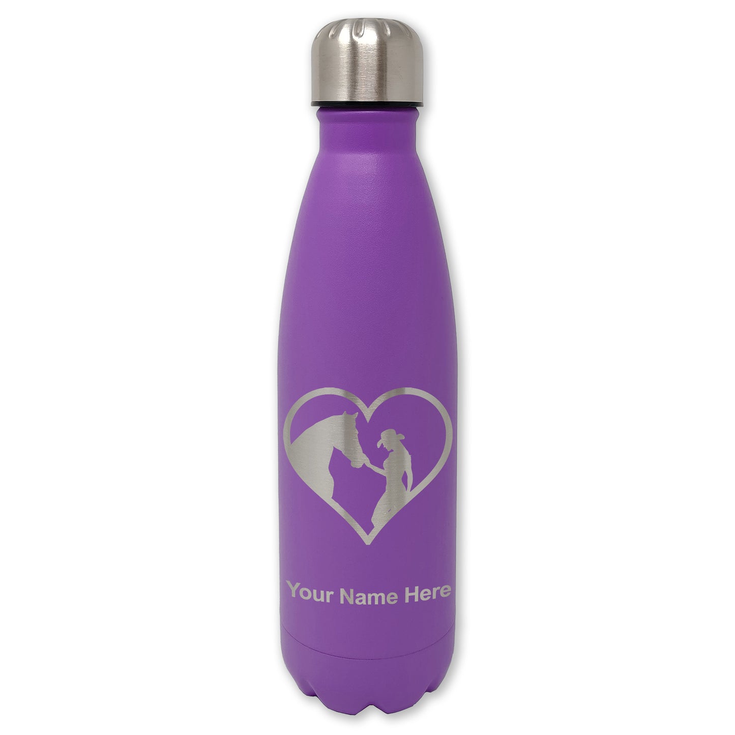 LaserGram Double Wall Water Bottle, Horse Cowgirl Heart, Personalized Engraving Included