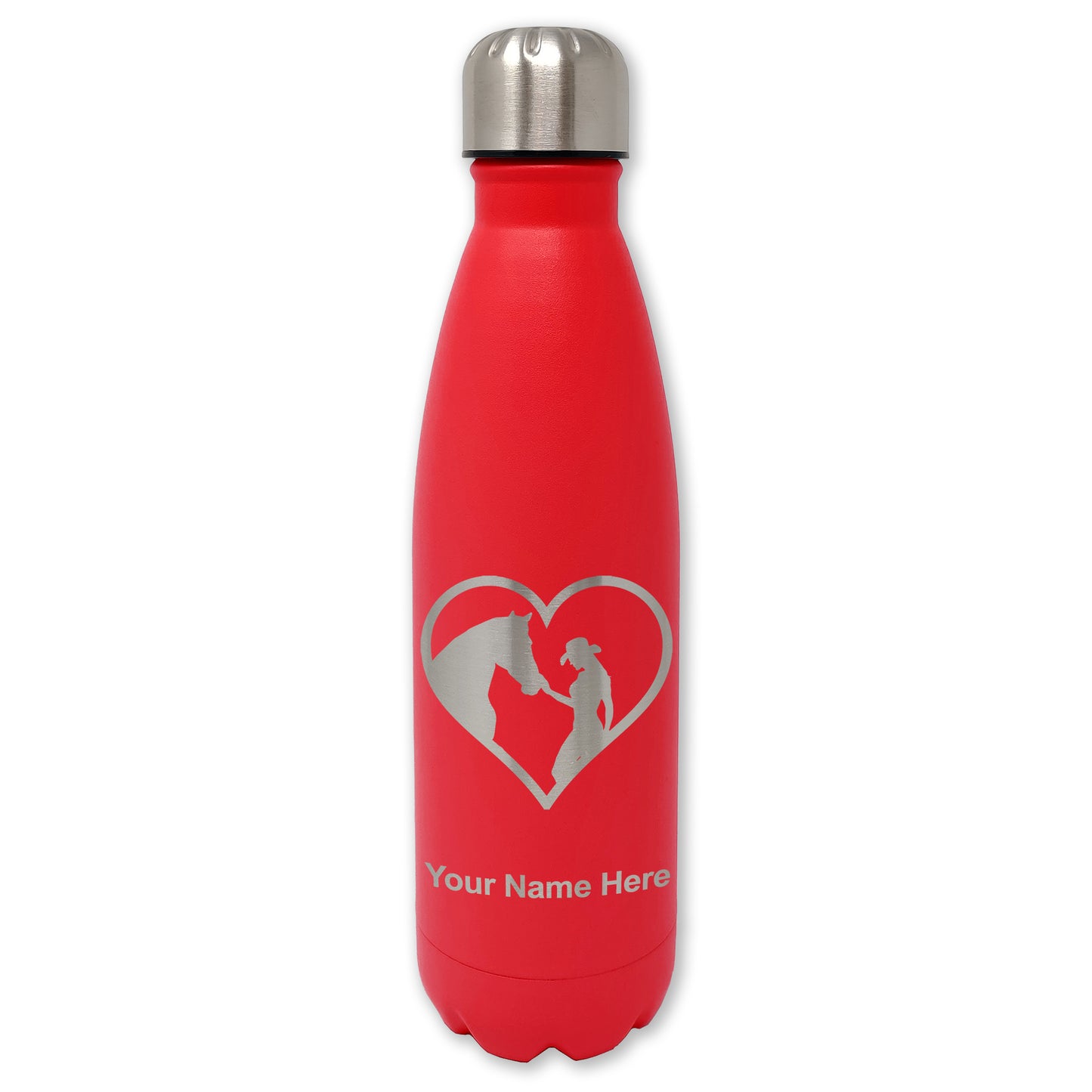 LaserGram Double Wall Water Bottle, Horse Cowgirl Heart, Personalized Engraving Included
