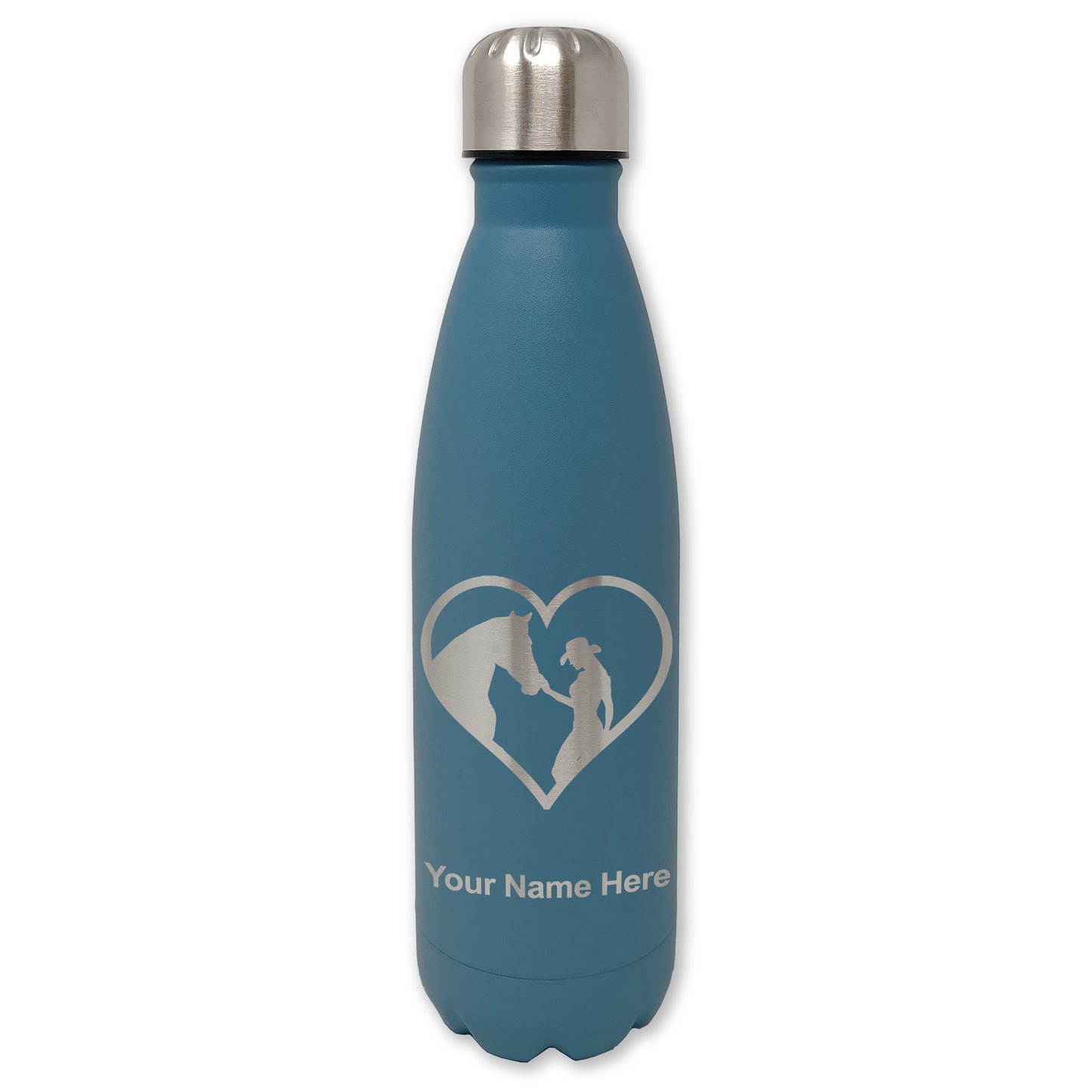 LaserGram Double Wall Water Bottle, Horse Cowgirl Heart, Personalized Engraving Included