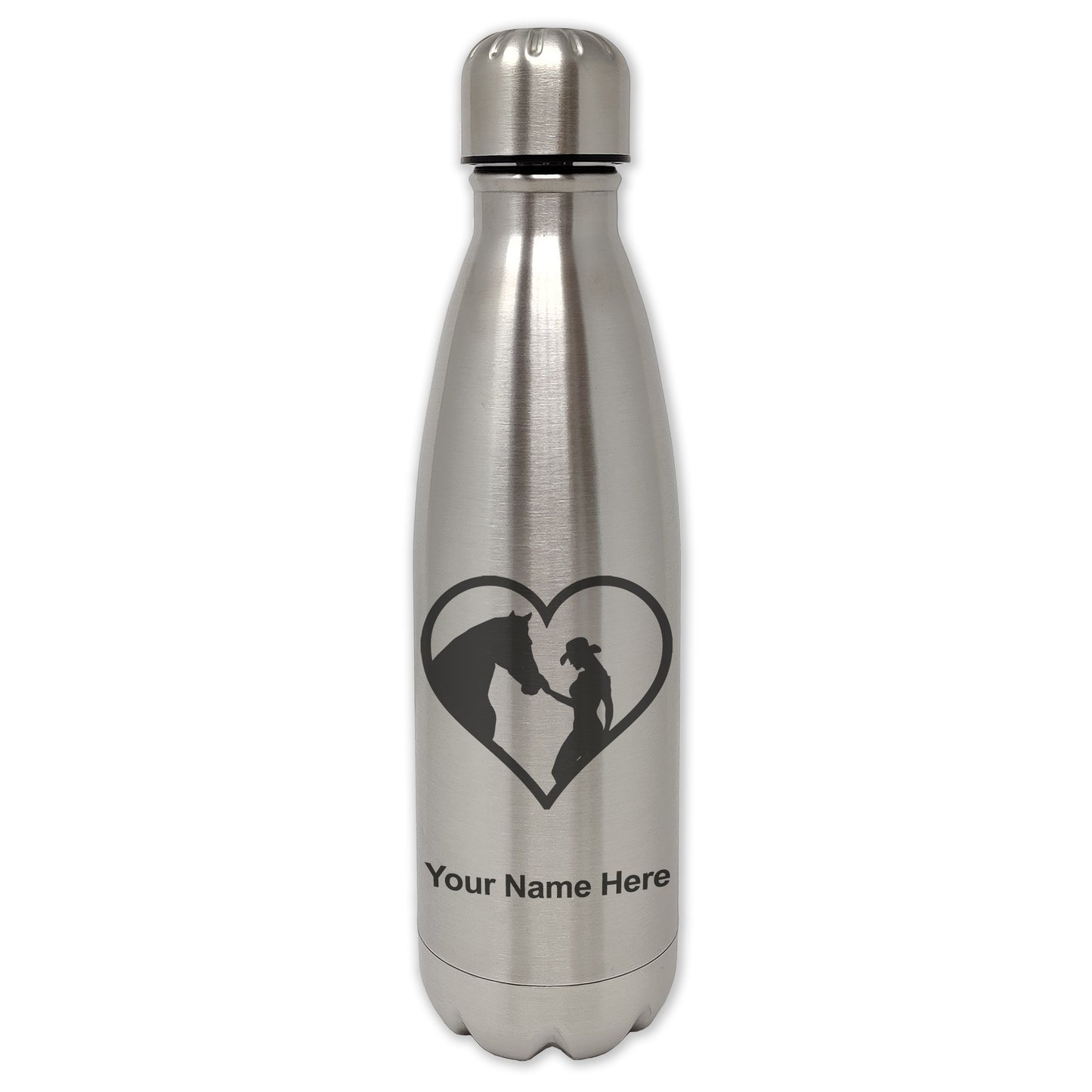 LaserGram Double Wall Water Bottle, Horse Cowgirl Heart, Personalized Engraving Included