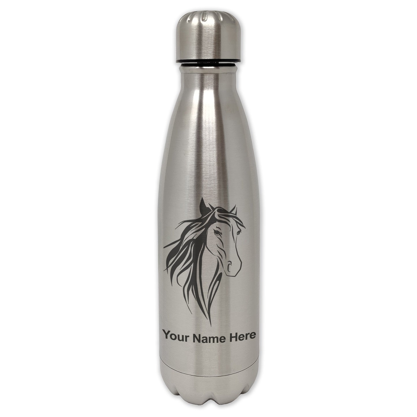 LaserGram Double Wall Water Bottle, Horse Head 3, Personalized Engraving Included