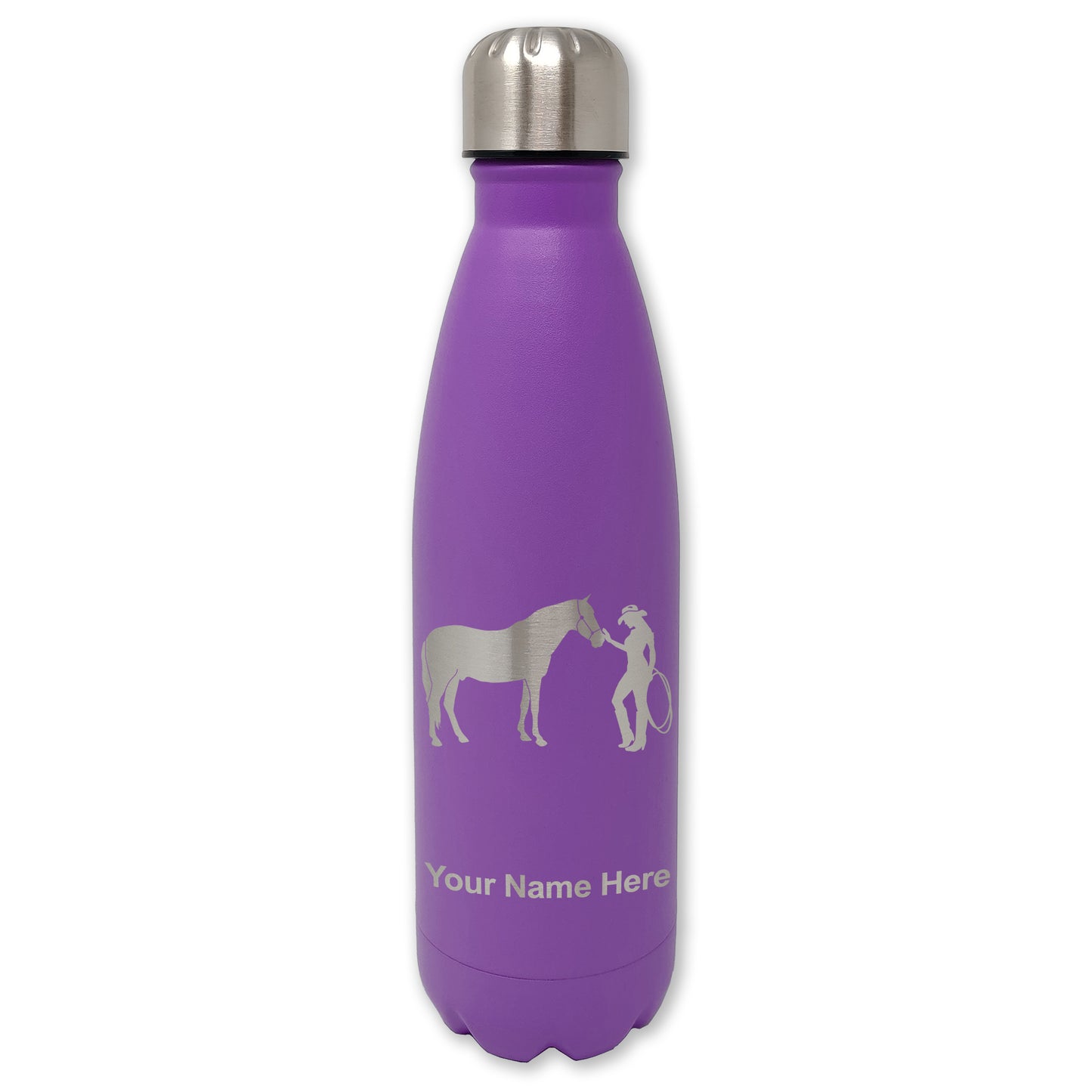 LaserGram Double Wall Water Bottle, Horse and Cowgirl, Personalized Engraving Included