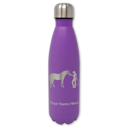 LaserGram Double Wall Water Bottle, Horse and Cowgirl, Personalized Engraving Included