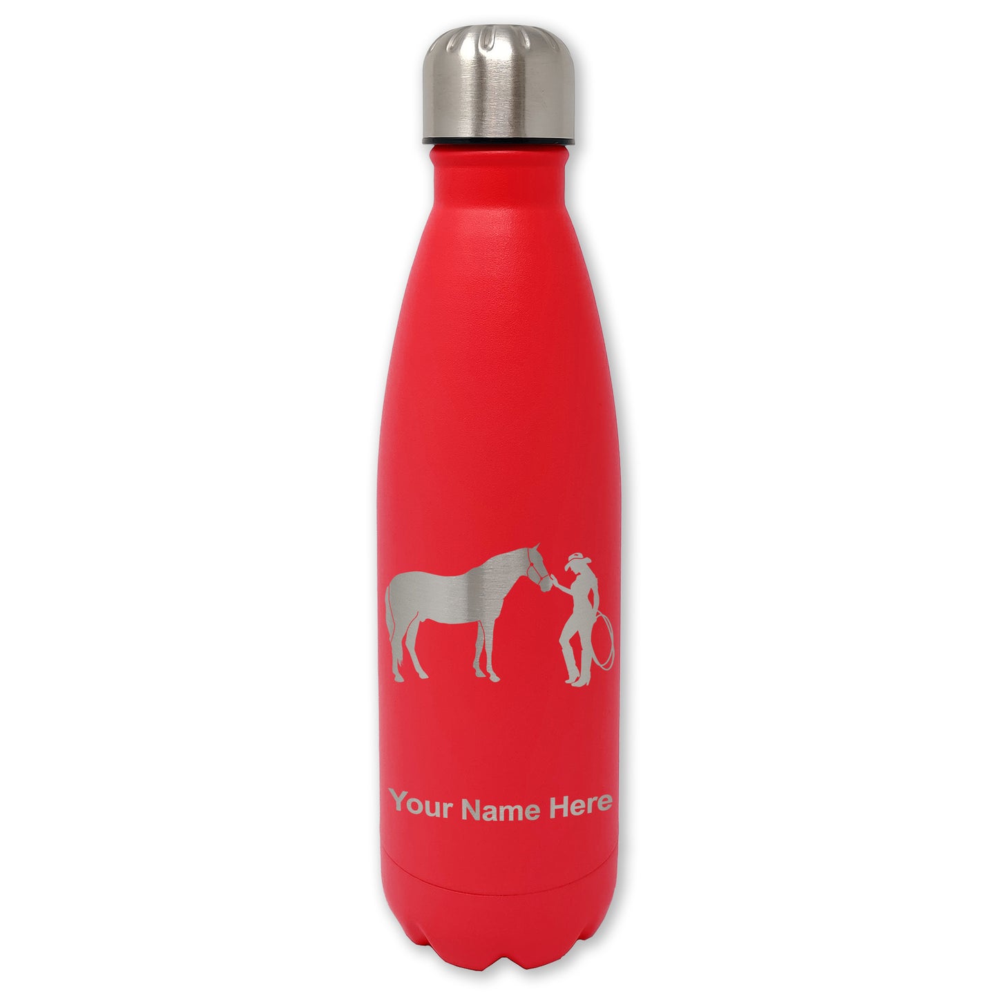 LaserGram Double Wall Water Bottle, Horse and Cowgirl, Personalized Engraving Included