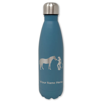 LaserGram Double Wall Water Bottle, Horse and Cowgirl, Personalized Engraving Included