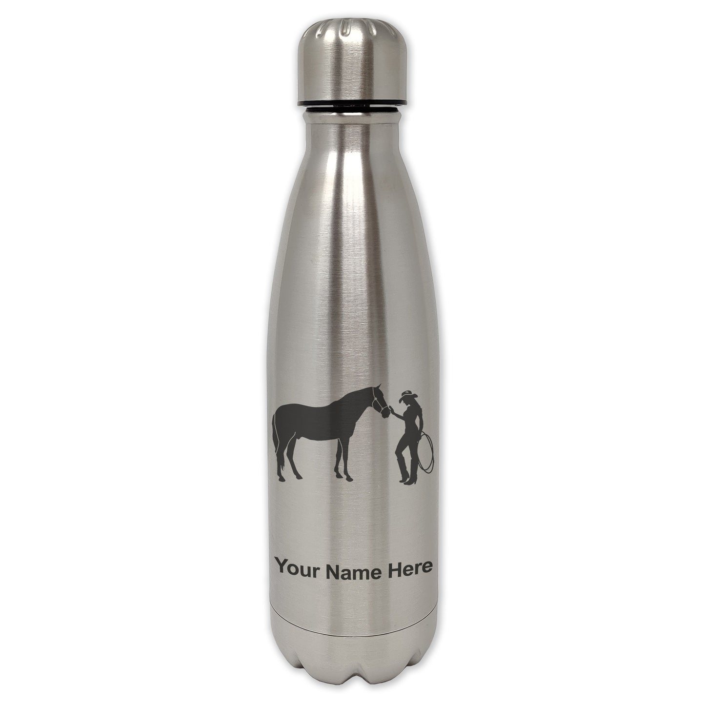LaserGram Double Wall Water Bottle, Horse and Cowgirl, Personalized Engraving Included