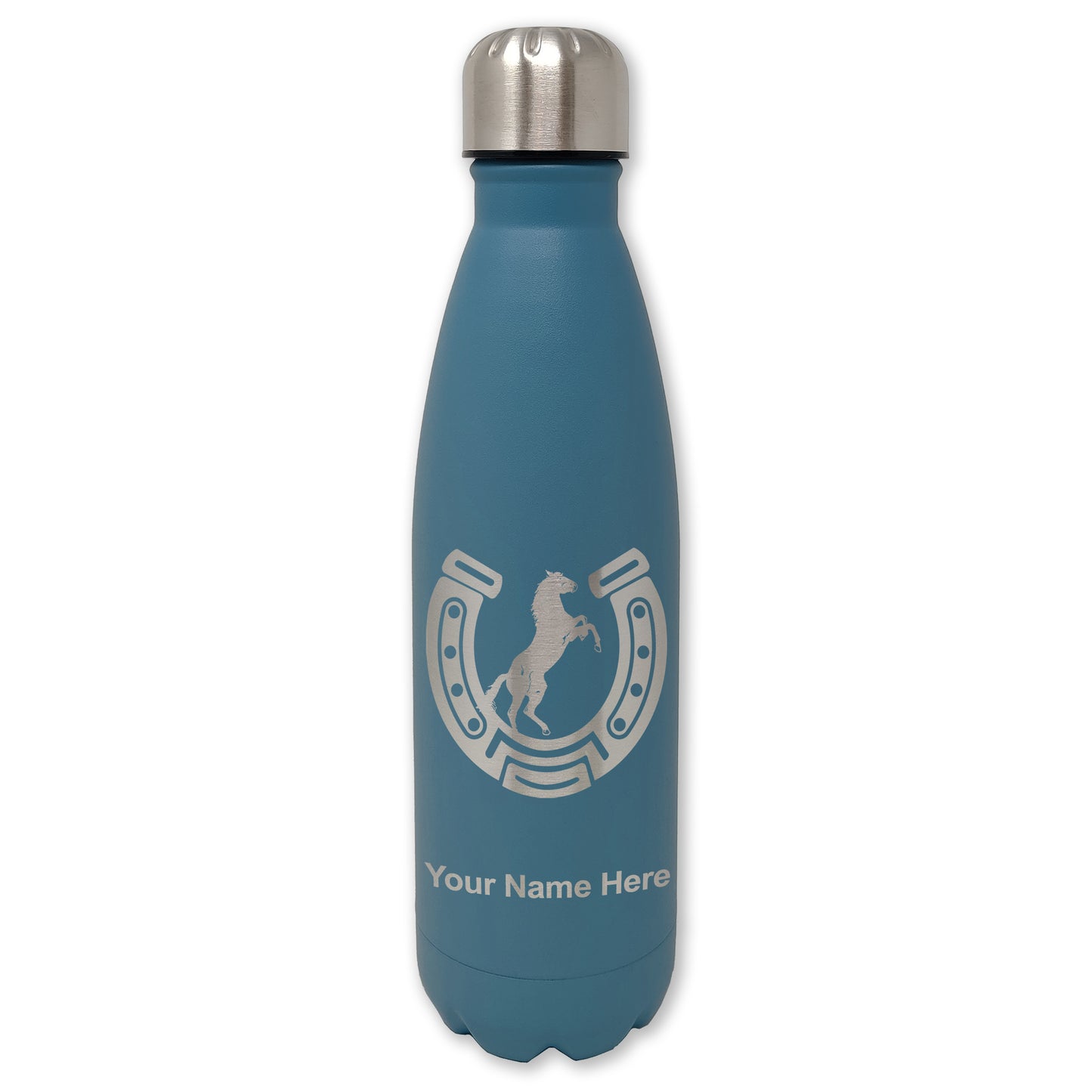 LaserGram Double Wall Water Bottle, Horseshoe with Horse, Personalized Engraving Included