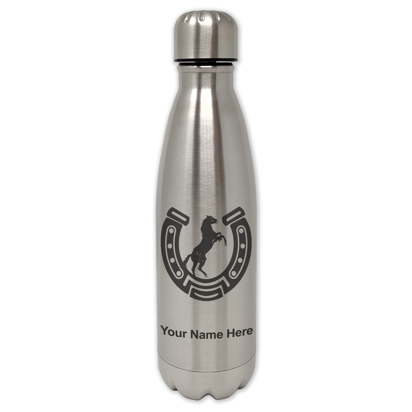 LaserGram Double Wall Water Bottle, Horseshoe with Horse, Personalized Engraving Included