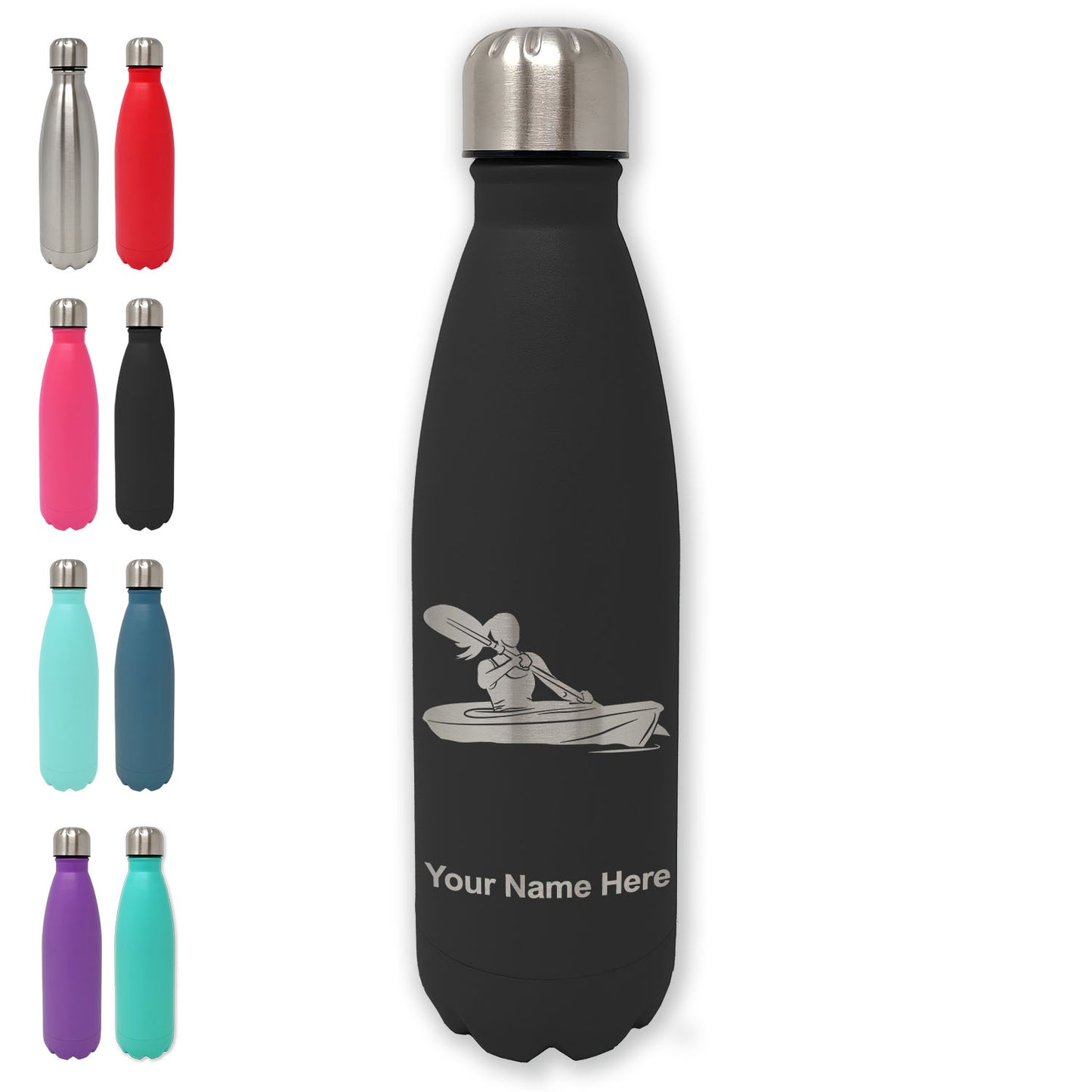 LaserGram Double Wall Water Bottle, Kayak Woman, Personalized Engraving Included