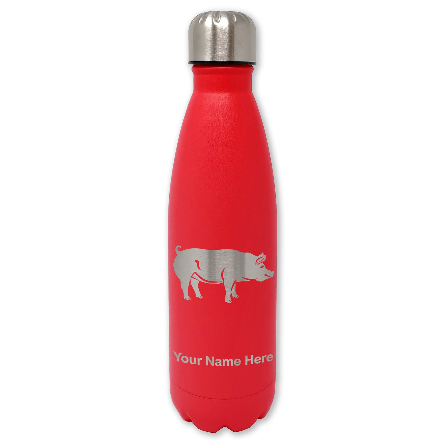 LaserGram Double Wall Water Bottle, Pig, Personalized Engraving Included