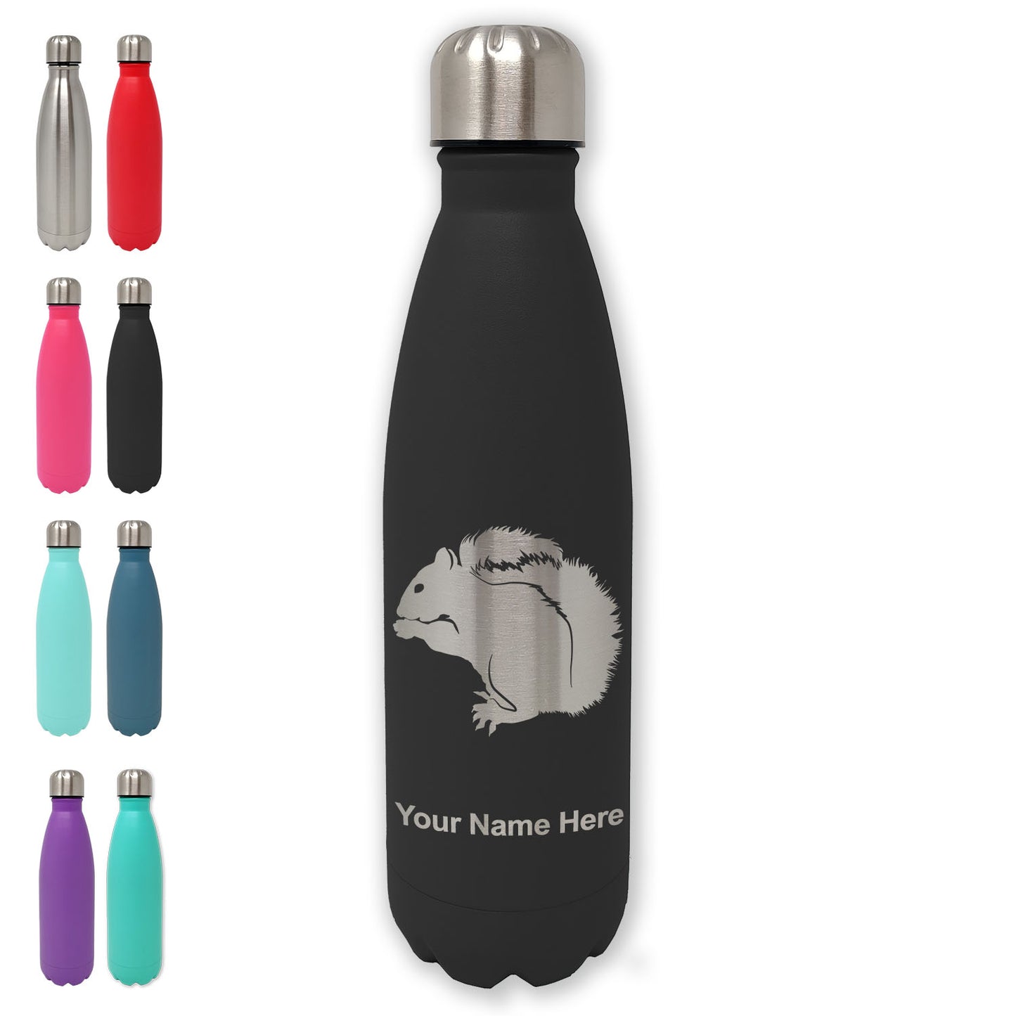LaserGram Double Wall Water Bottle, Squirrel, Personalized Engraving Included