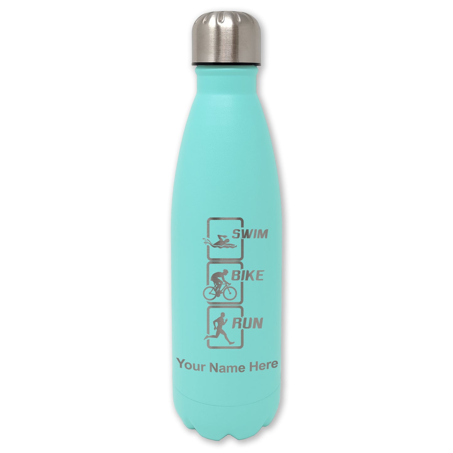 LaserGram Double Wall Water Bottle, Swim Bike Run Vertical, Personalized Engraving Included