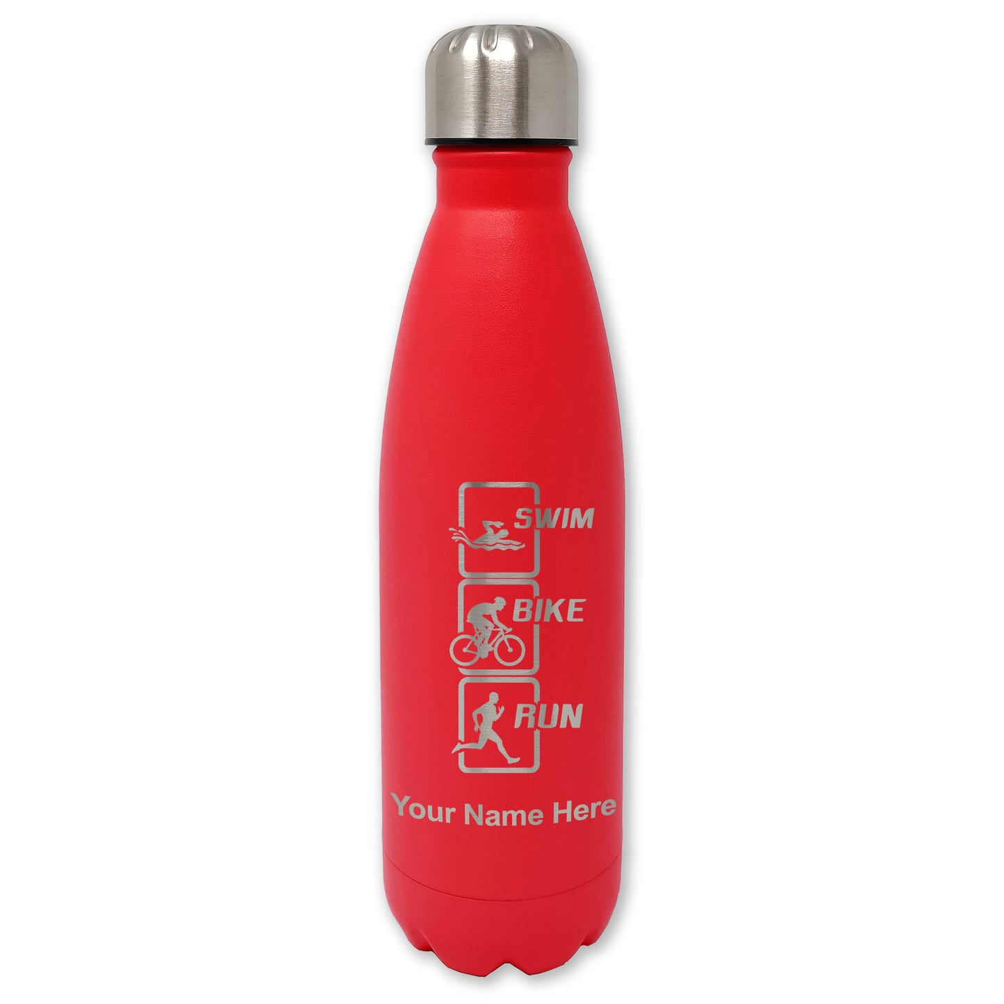 LaserGram Double Wall Water Bottle, Swim Bike Run Vertical, Personalized Engraving Included