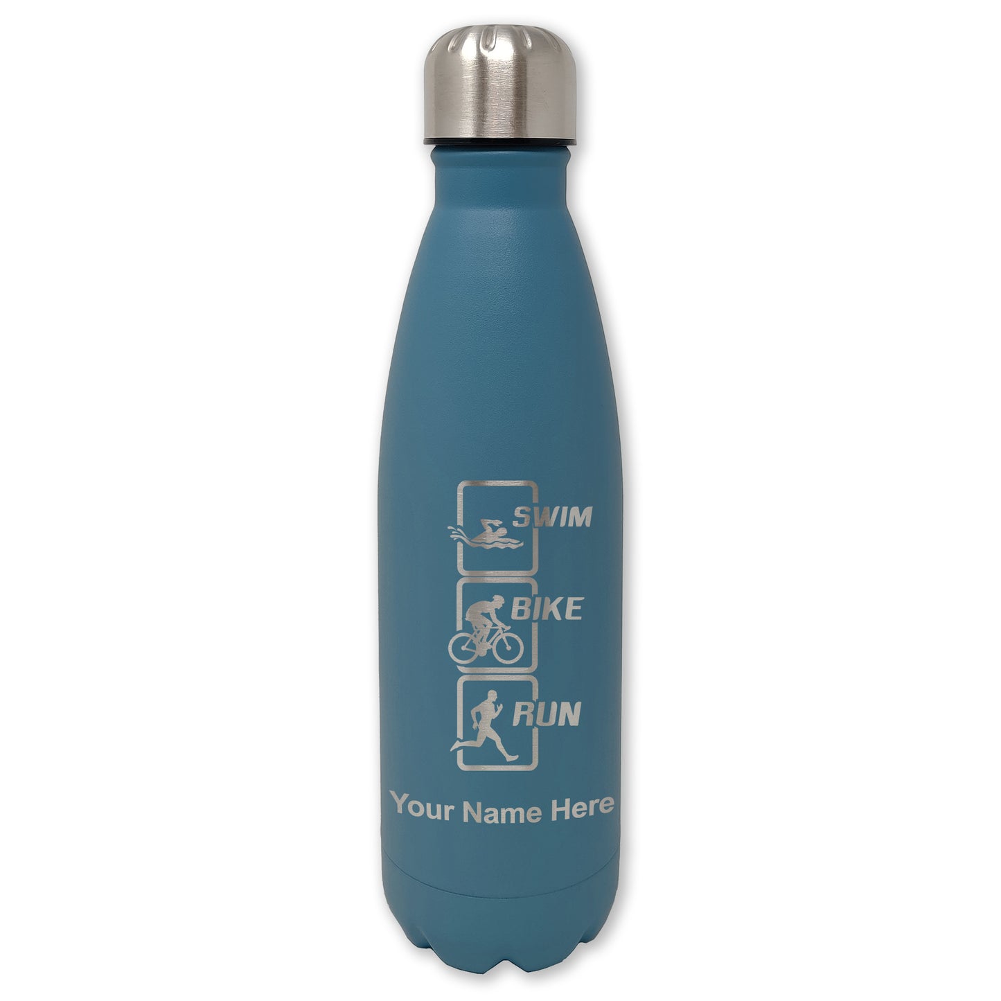LaserGram Double Wall Water Bottle, Swim Bike Run Vertical, Personalized Engraving Included