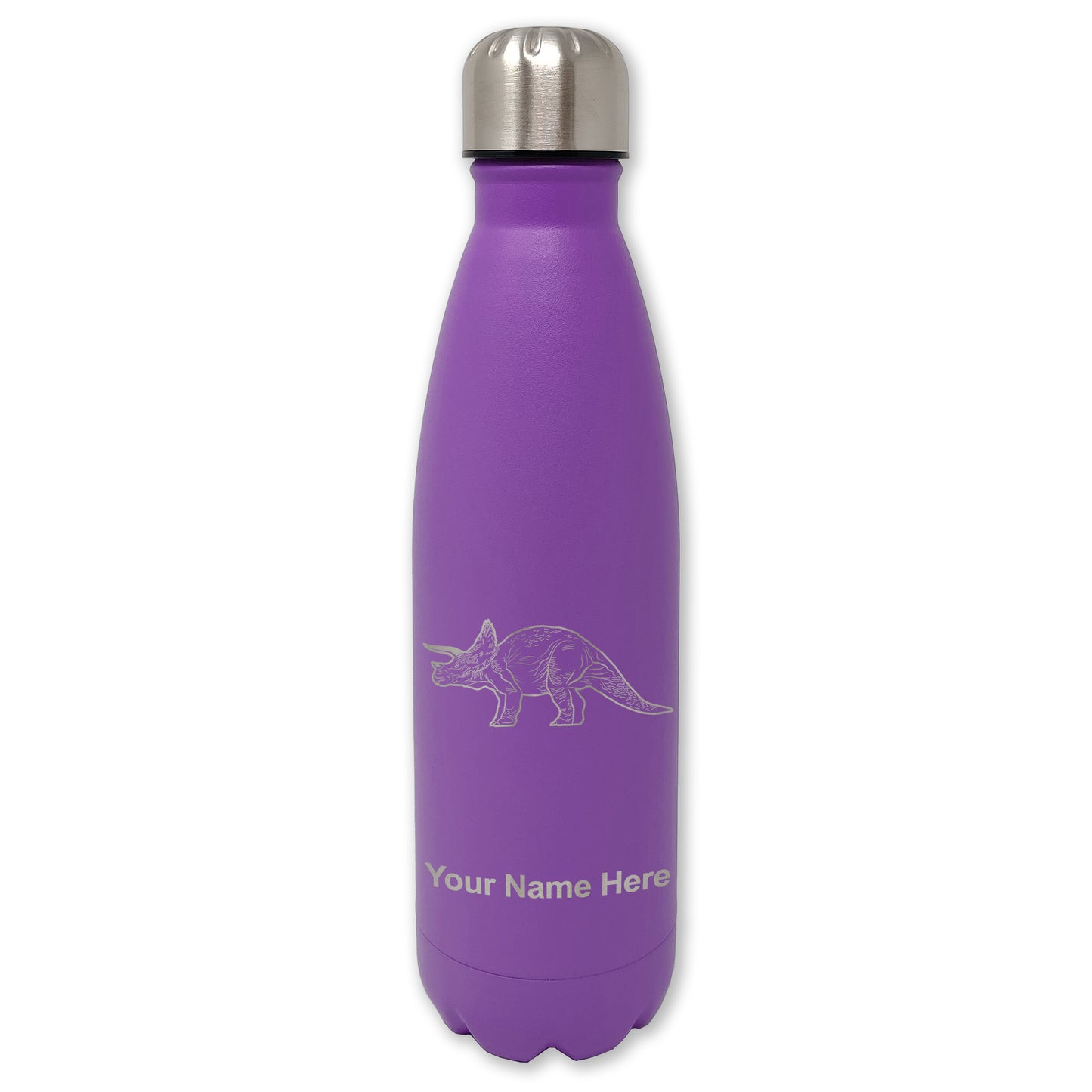 LaserGram Double Wall Water Bottle, Triceratops Dinosaur, Personalized Engraving Included
