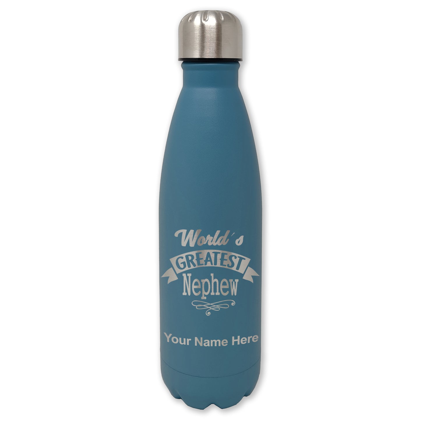 LaserGram Double Wall Water Bottle, World's Greatest Nephew, Personalized Engraving Included
