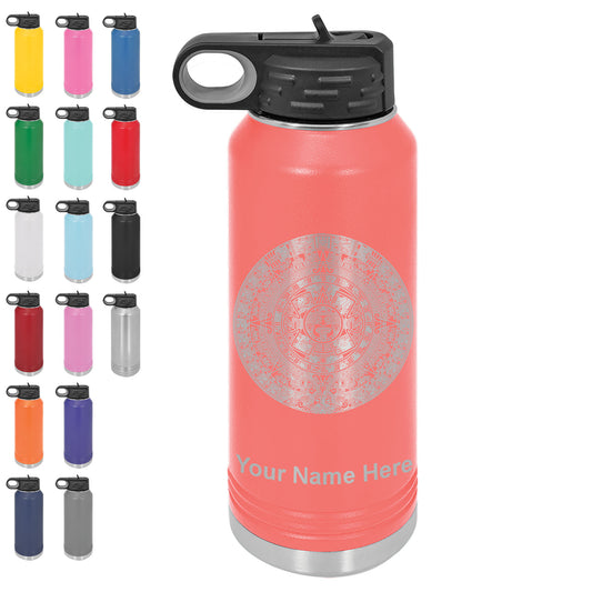 LaserGram 32oz Double Wall Flip Top Water Bottle with Straw, Aztec Calendar, Personalized Engraving Included