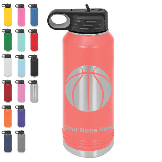LaserGram 32oz Double Wall Flip Top Water Bottle with Straw, Basketball Ball, Personalized Engraving Included
