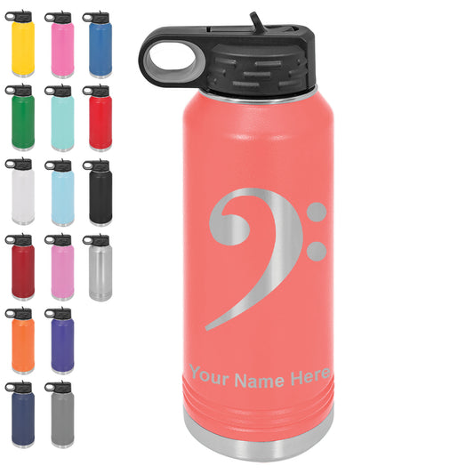 LaserGram 32oz Double Wall Flip Top Water Bottle with Straw, Bass Clef, Personalized Engraving Included