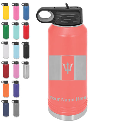 LaserGram 32oz Double Wall Flip Top Water Bottle with Straw, Flag of Barbados, Personalized Engraving Included