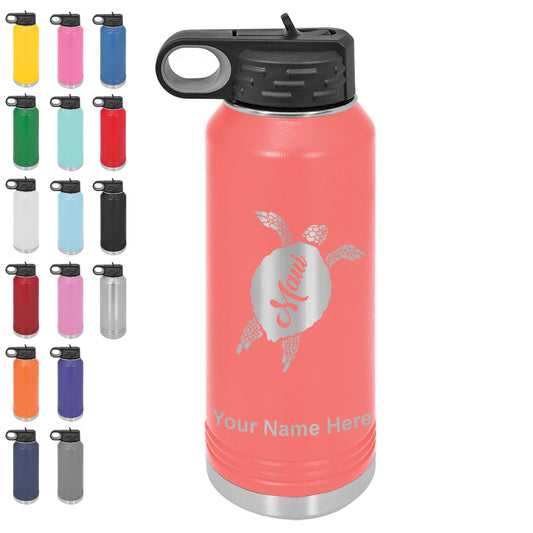 LaserGram 32oz Double Wall Flip Top Water Bottle with Straw, Maui Sea Turtle, Personalized Engraving Included