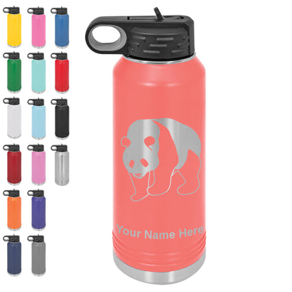 LaserGram 32oz Double Wall Flip Top Water Bottle with Straw, Panda Bear, Personalized Engraving Included