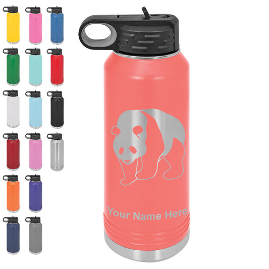 LaserGram 32oz Double Wall Flip Top Water Bottle with Straw, Panda Bear, Personalized Engraving Included
