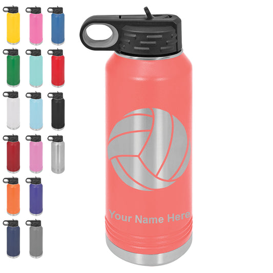 LaserGram 32oz Double Wall Flip Top Water Bottle with Straw, Volleyball Ball, Personalized Engraving Included