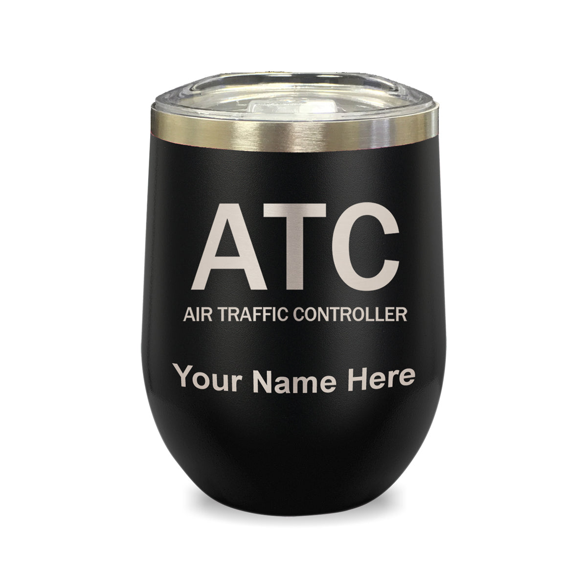 LaserGram Double Wall Stainless Steel Wine Glass, ATC Air Traffic Controller, Personalized Engraving Included