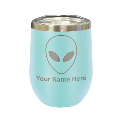 LaserGram Double Wall Stainless Steel Wine Glass, Alien Head, Personalized Engraving Included