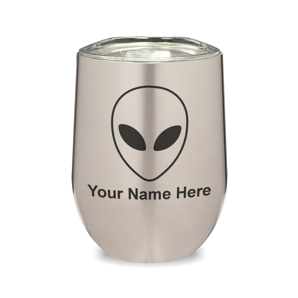 LaserGram Double Wall Stainless Steel Wine Glass, Alien Head, Personalized Engraving Included