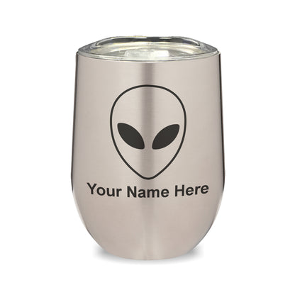 LaserGram Double Wall Stainless Steel Wine Glass, Alien Head, Personalized Engraving Included
