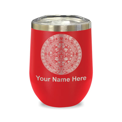 LaserGram Double Wall Stainless Steel Wine Glass, Aztec Calendar, Personalized Engraving Included