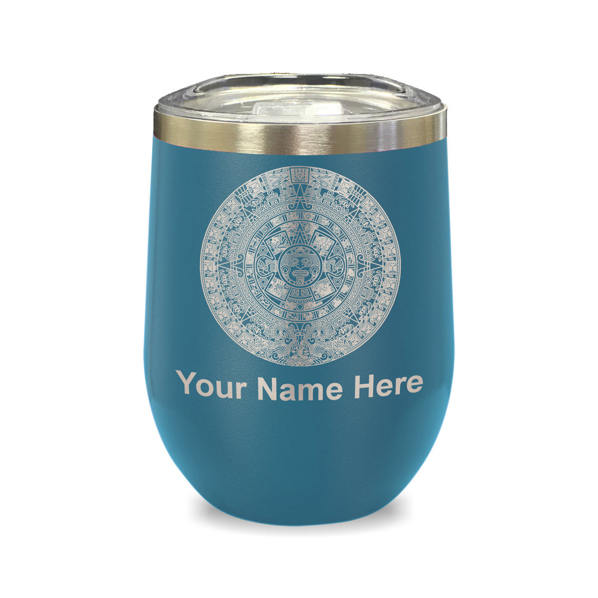 LaserGram Double Wall Stainless Steel Wine Glass, Aztec Calendar, Personalized Engraving Included