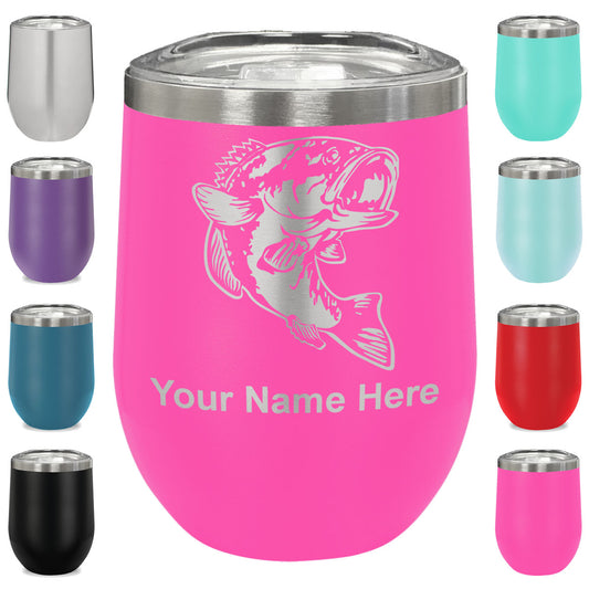 LaserGram Double Wall Stainless Steel Wine Glass, Bass Fish, Personalized Engraving Included