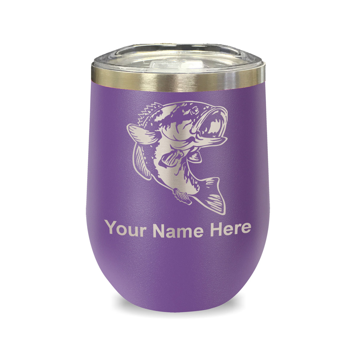 LaserGram Double Wall Stainless Steel Wine Glass, Bass Fish, Personalized Engraving Included