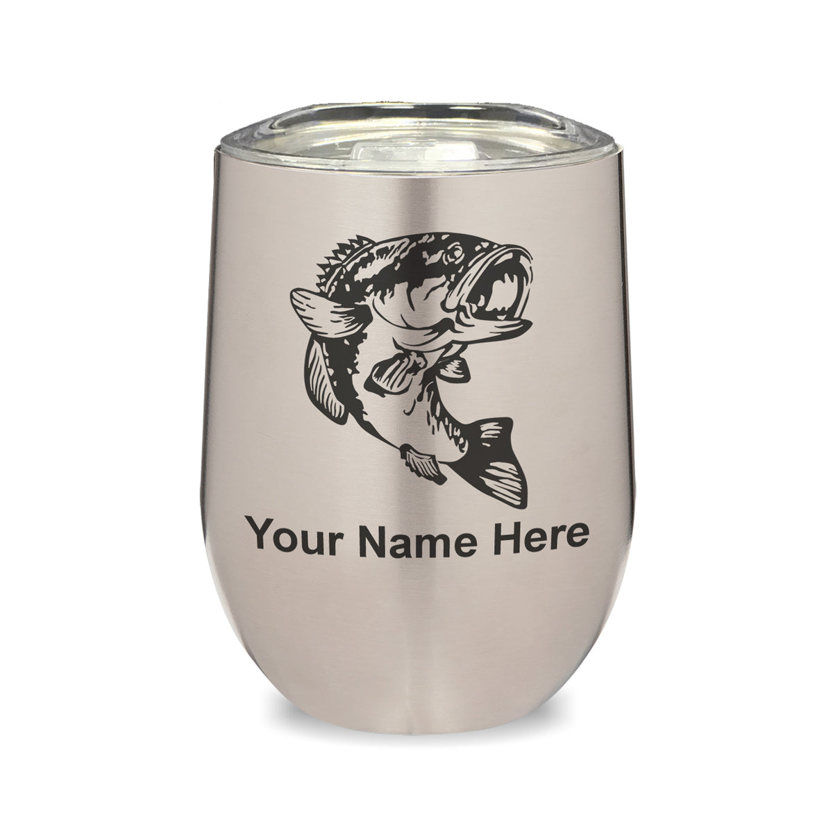 LaserGram Double Wall Stainless Steel Wine Glass, Bass Fish, Personalized Engraving Included