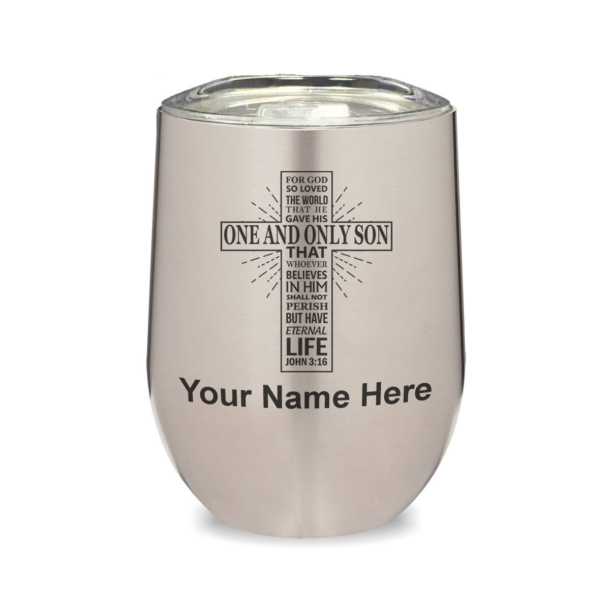 LaserGram Double Wall Stainless Steel Wine Glass, Bible Verse John 3-16, Personalized Engraving Included