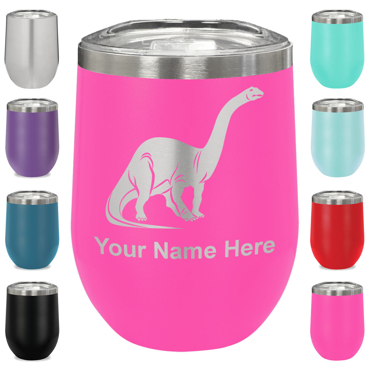 LaserGram Double Wall Stainless Steel Wine Glass, Brontosaurus Dinosaur, Personalized Engraving Included